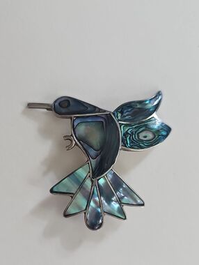 Abalone Shell Hummingbird Brooch - Iridescent Blue-Green